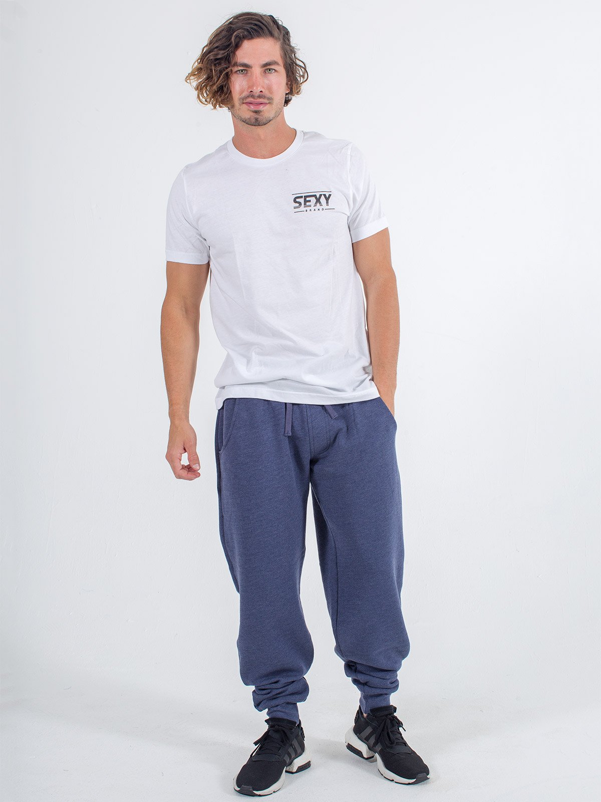 mens sweats joggers sexy brand in navy blue with white t-shirt