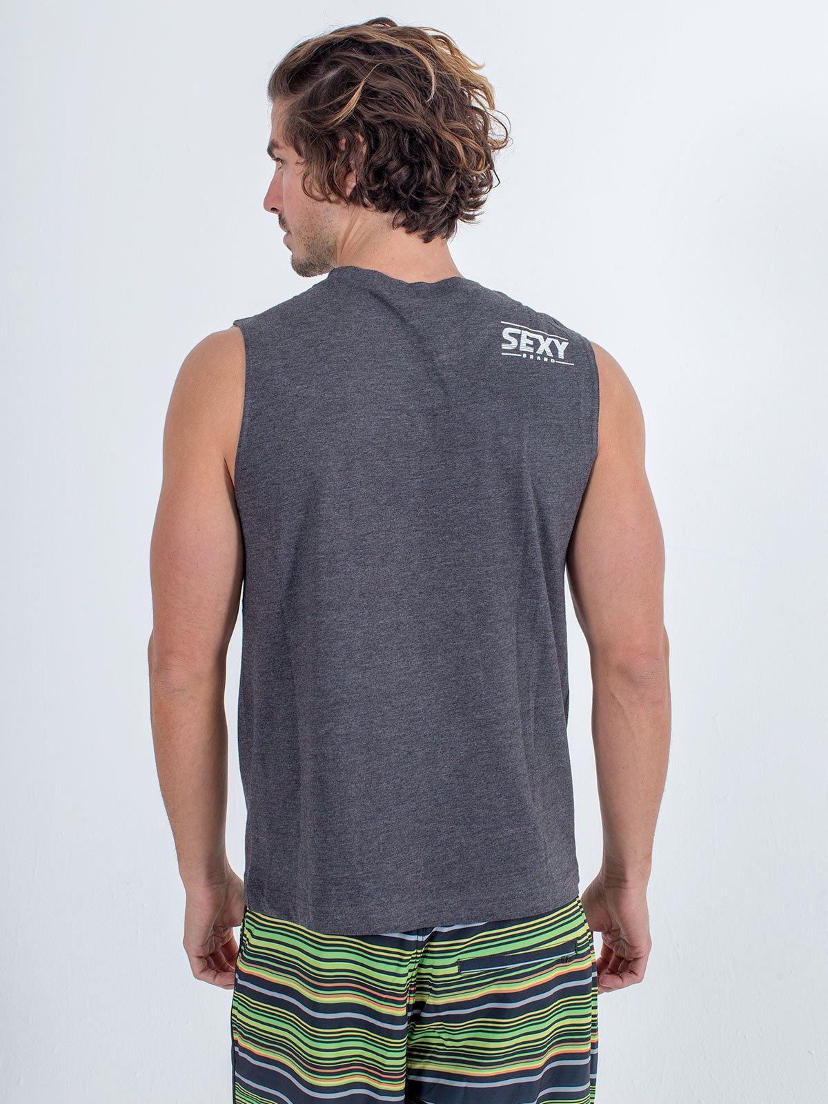 sexy brand mens cali tank in heather gray back view